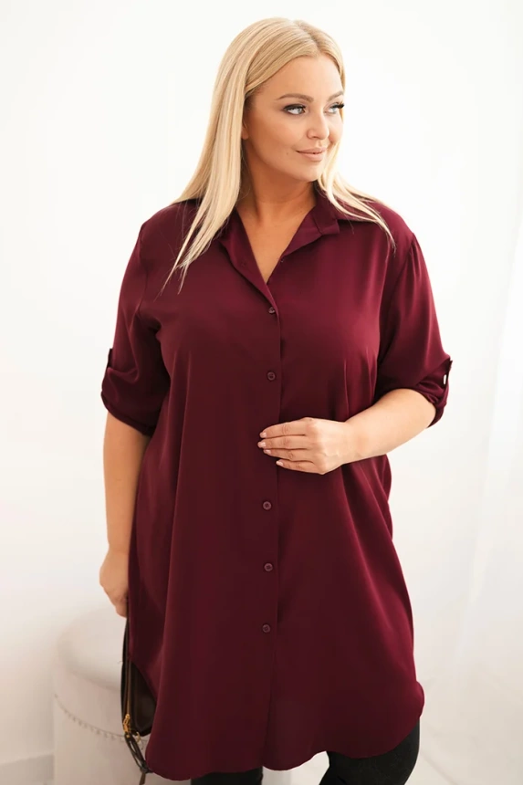 35220_3 Moteriška marškininė suknelė Plus Size su ilgesne nugara ir suktiniais rankovėmis slyvų