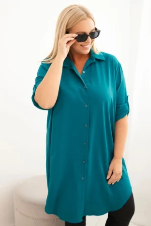Moteriška marškininė suknelė Plus Size su ilgesne nugarine ir sukamu rankovėm jūros