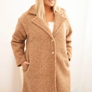 Moteriškas paltas Plus Size su vilna ir dideliu apykakle camelinis