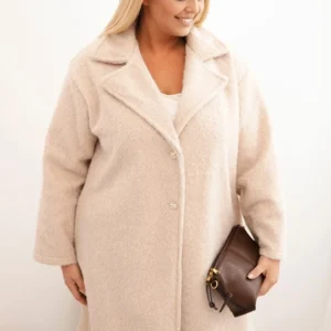 Moteriškas paltas Plus Size su vilna ir dideliu apykakle bežinis