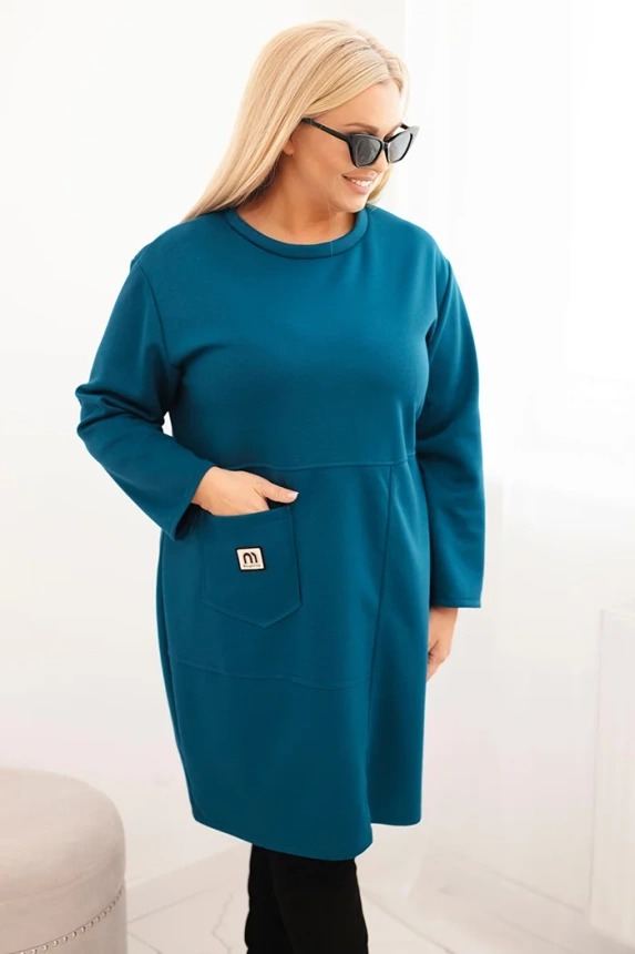 35248_3 Moteriška suknelė Plus Size su kišene ir 3/4 rankovėmis sviestinė jūra