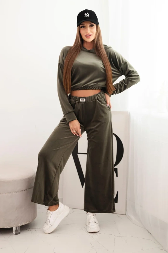 35288_1 Moteriškas velveto sportinis kostiumas su plačiomis kelnėmis ir gobtuvu khaki - Image 2