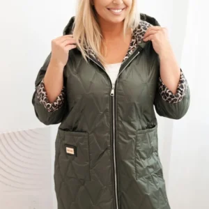 Moteriška žieminė puffer striukė Plus Size su pamušalu leopardu ir gobtuvu khaki