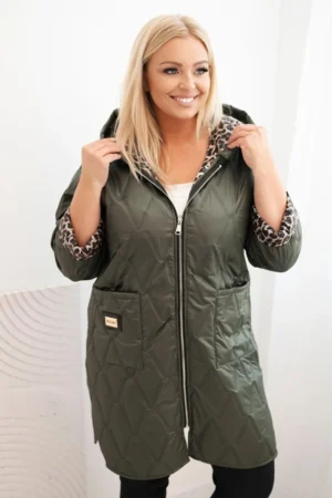 Moteriška žieminė puffer striukė Plus Size su pamušalu leopardu ir gobtuvu khaki