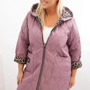 Moteriška žiemos pamušalinė striukė Plus Size su leopardų raštu ir gobtuvu tamsiai