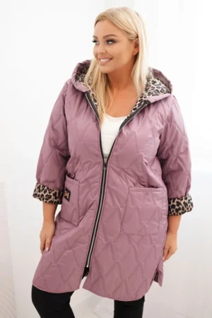Moteriška žiemos pamušalinė striukė Plus Size su leopardų raštu ir gobtuvu tamsiai