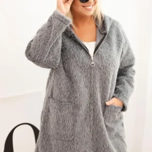 Moteriškas Plus Size paltas iš viskozės su užtrauktuku ir gobtuvu