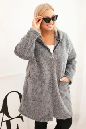 Moteriškas Plus Size paltas iš viskozės su užtrauktuku ir gobtuvu