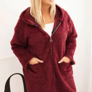 Moteriškas Plus Size paltas iš viskozės su užtrauktuku ir gobtuvu slyvų
