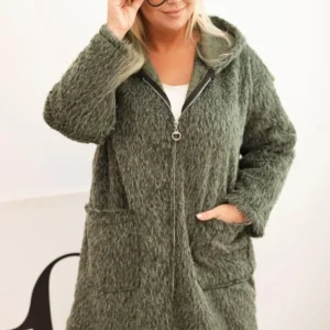 Moteriškas Plus Size paltas iš viskozės su užtrauktuku ir gobtuvu khaki