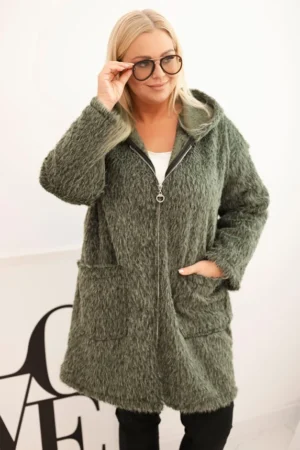 Moteriškas Plus Size paltas iš viskozės su užtrauktuku ir gobtuvu khaki