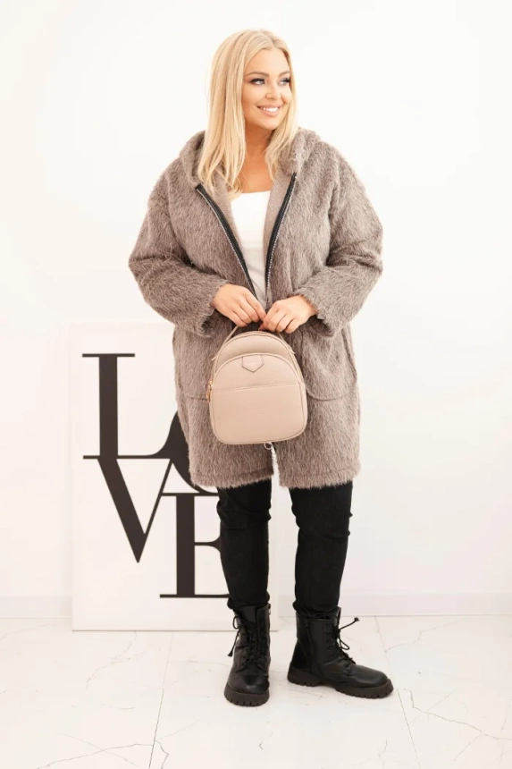 35317_1 Moteriškas paltas Plus Size iš viskozės su užtrauktuku ir gobtuvu fango - Image 2