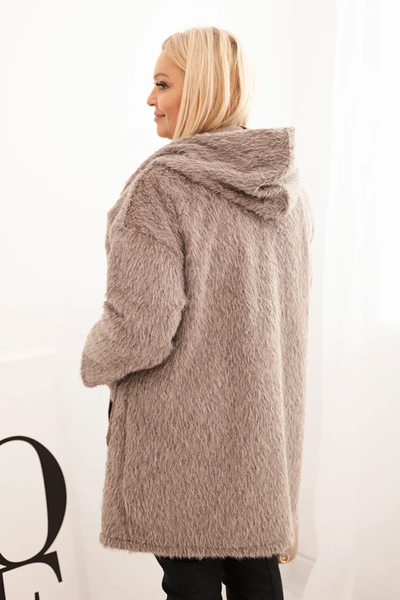 35317_2 Moteriškas paltas Plus Size iš viskozės su užtrauktuku ir gobtuvu fango - Image 3