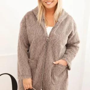 Moteriškas paltas Plus Size iš viskozės su užtrauktuku ir gobtuvu fango