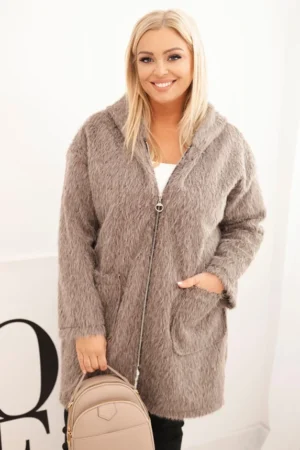 Moteriškas paltas Plus Size iš viskozės su užtrauktuku ir gobtuvu fango