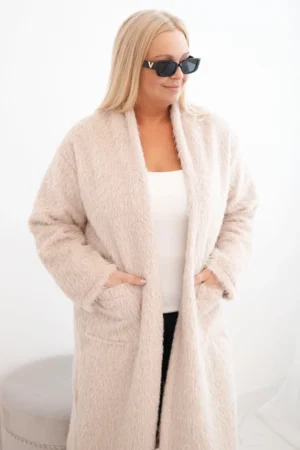 Moteriškas Plus Size paltas iš viskozės be užsegimo su kišenėmis bežinis