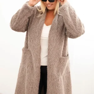 Moteriškas Plus Size paltas iš viskozės be užsegimo su kišenėmis fango