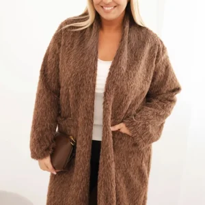 Moteriškas Plus Size paltas iš viskozės be užsegimo su kišenėmis