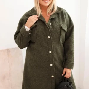 Moteriškas Plus Size paltas su vilna, užsegamas mygtukais, su kišenėmis ir apykakle khaki