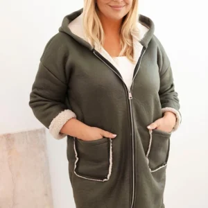 Moteriška Plus Size striukė su gobtuvu ir kišenėmis, šilta avikailiu khaki