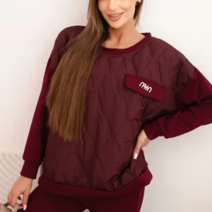 Moteriškas džemperių iš viskozės su siuvinėta palaidine ir kelnėmis slyvų