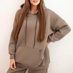 Moteriškas šiltas medvilninis treniruotinis kostiumas su gobtuvu fango