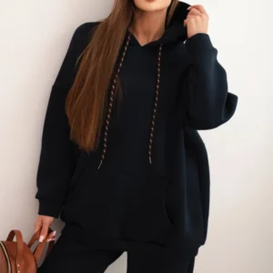 Moteriškas šiltas medvilninis treningas su gobtuvu