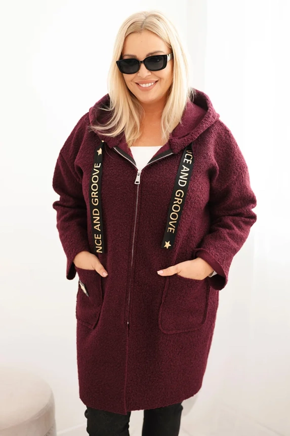 35654_3 Moteriškas Plus Size paltas iš dirbtinio avikailio su gobtuvu ir kišenėmis slyvų