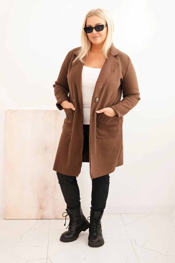 35656_1 Moteriškas elegantiškas paltas Plus Size su apykakle ir didelėmis kišenėmis šokoladinis - Image 2