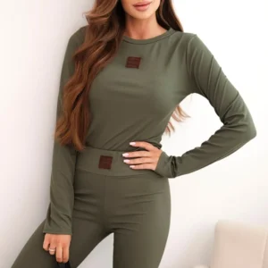 Moteriškas iš medvilnės su ilgomis rankovėmis ir kelnėmis legginsais khaki