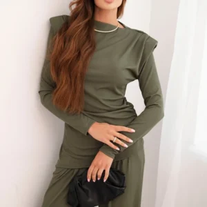 Moteriškas iš medvilnės su palaidine ir plačiomis kelnėmis khaki