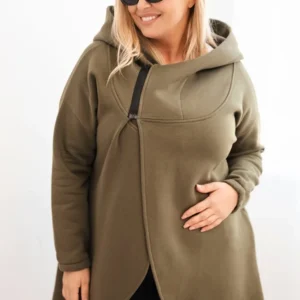 Moteriška Plus Size šilta džemperis su kapišonu ir asimetriniu užtrauktuku khaki