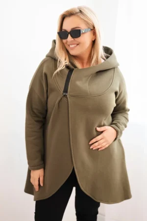 Moteriška Plus Size šilta džemperis su kapišonu ir asimetriniu užtrauktuku khaki