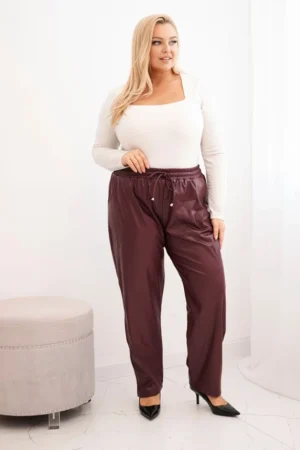 Moteriškos Plus Size šiltos ekoskinos kelnės su aukštu liemeniu bordinės