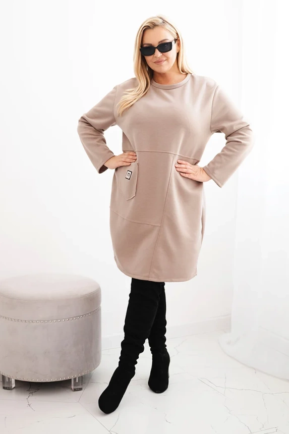 35814_1 Moteriška suknelė Plus Size su kišene ir 3/4 rankovėmis sviestinis kamelinis - Image 2