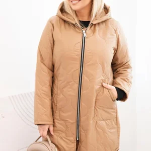 Moteriška Plus Size žiemos pamušalinė striukė su gobtuvu kamelinė