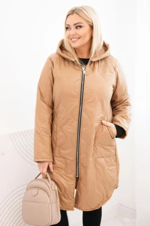 Moteriška Plus Size žiemos pamušalinė striukė su gobtuvu kamelinė