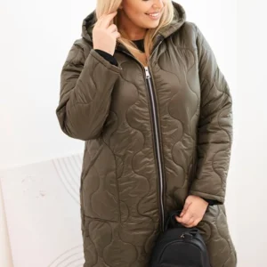 Moteriška Plus Size žieminė pūkinė striukė su gobtuvu khaki