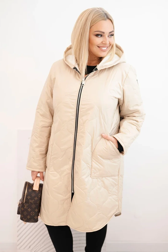 35898_3 Damska žieminė puffer striukė su gobtuvu Plus Size bežinė