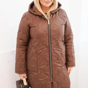 Moteriška Plus Size žieminė pamušalinė striukė su gobtuvu šokoladinė