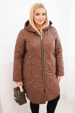 Moteriška Plus Size žieminė pamušalinė striukė su gobtuvu šokoladinė