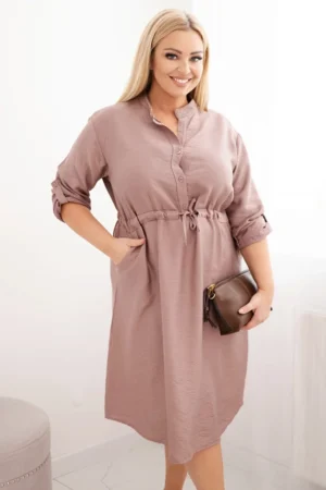 Moteriška suknelė iš viskozės Plus Size su mygtukais ir juosmens raišteliu fango