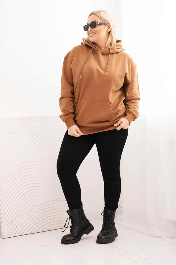 35986_1 Moteriška plona džemperis Plus Size medvilninė su gobtuvu ir kengūros kišene kamelė - Image 2