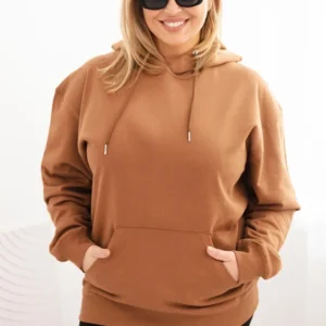 Moteriška plona džemperis Plus Size medvilninė su gobtuvu ir kengūros kišene kamelė