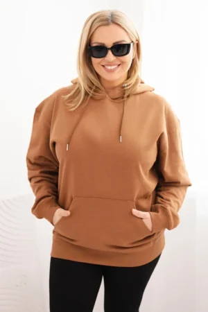 Moteriška plona džemperis Plus Size medvilninė su gobtuvu ir kengūros kišene kamelė
