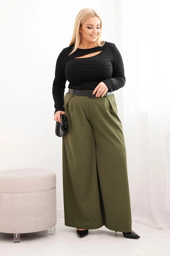 35990_1 Moteriškos Plus Size kelnės su plačiomis kojomis ir diržu khaki - Image 2