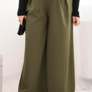 Moteriškos Plus Size kelnės su plačiomis kojomis ir diržu khaki