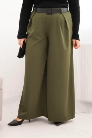 Moteriškos Plus Size kelnės su plačiomis kojomis ir diržu khaki