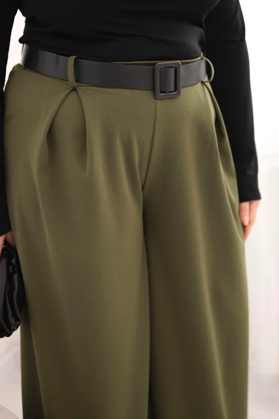 35990_4 Moteriškos Plus Size kelnės su plačiomis kojomis ir diržu khaki - Image 4