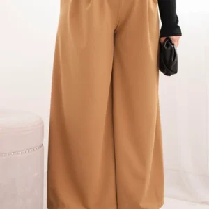 Moteriški Plus Size kelnės su plačiomis kojomis ir diržu cameliniai